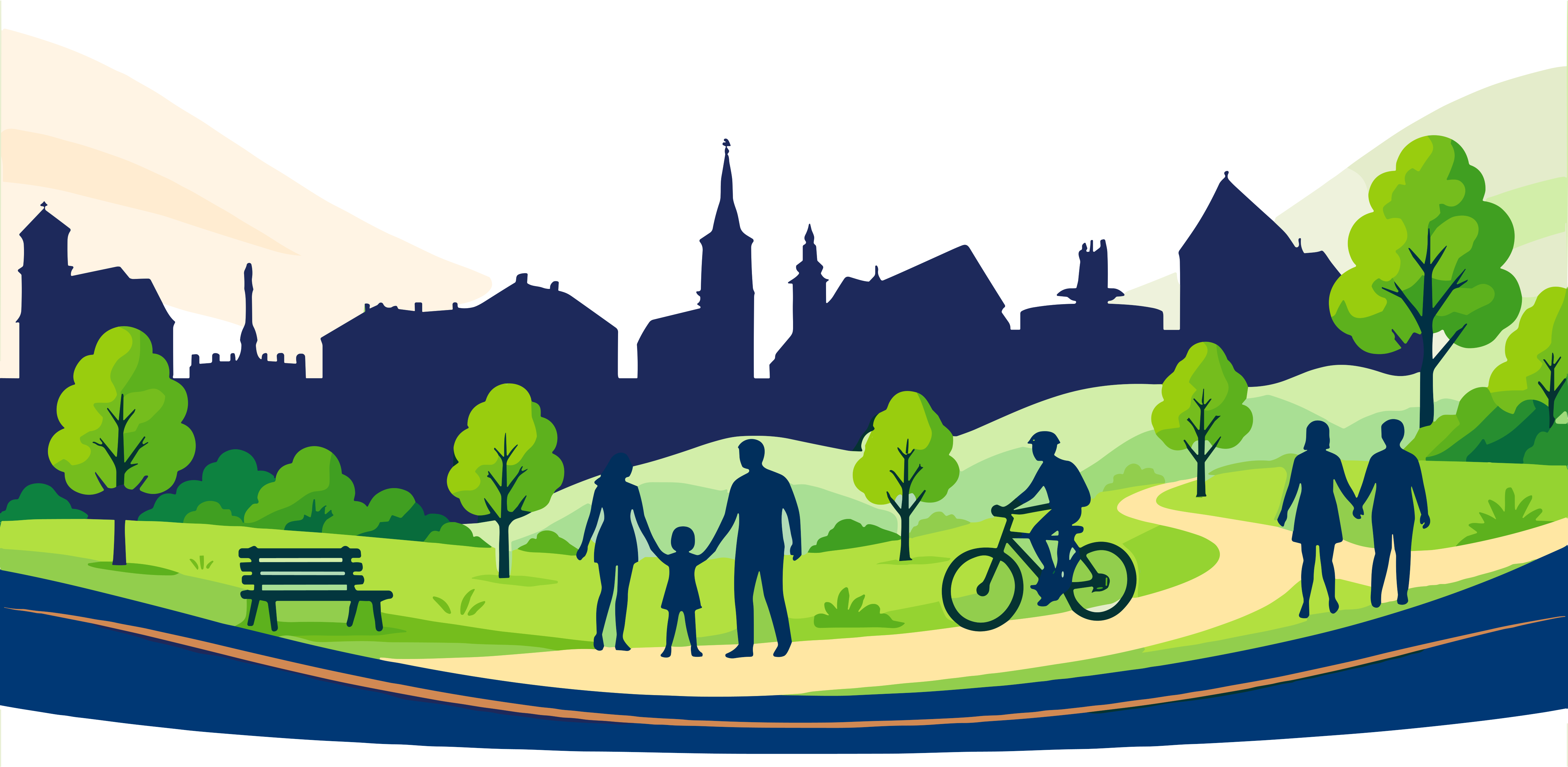 Ilustrácia Pezinka ako zdravého a aktívneho mesta – rodiny, cyklisti a zeleň
